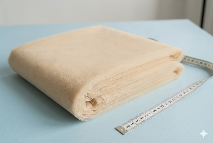 Tiul beżowy cięty na metry - elegancko ułożony materiał